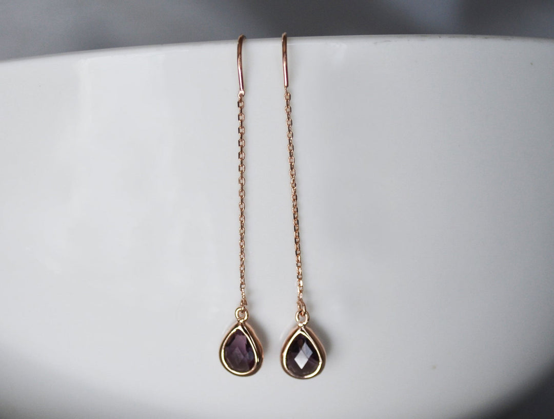 Amethyst Threader Earrings, Dainty Purple February Birthstone earrings, Amethyst Drop earrings, Bridesmaid earrings, February Birthday Gift