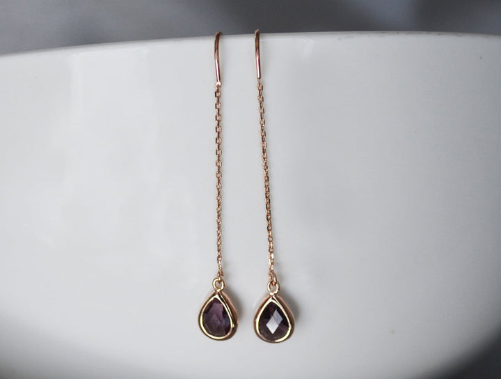 Amethyst Threader Earrings, Dainty Purple February Birthstone earrings, Amethyst Drop earrings, Bridesmaid earrings, February Birthday Gift