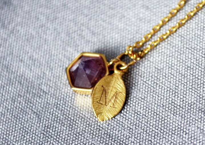 Amethyst Necklace - February Birthstone Necklace, Purple Hexagon Custom Initial Necklace