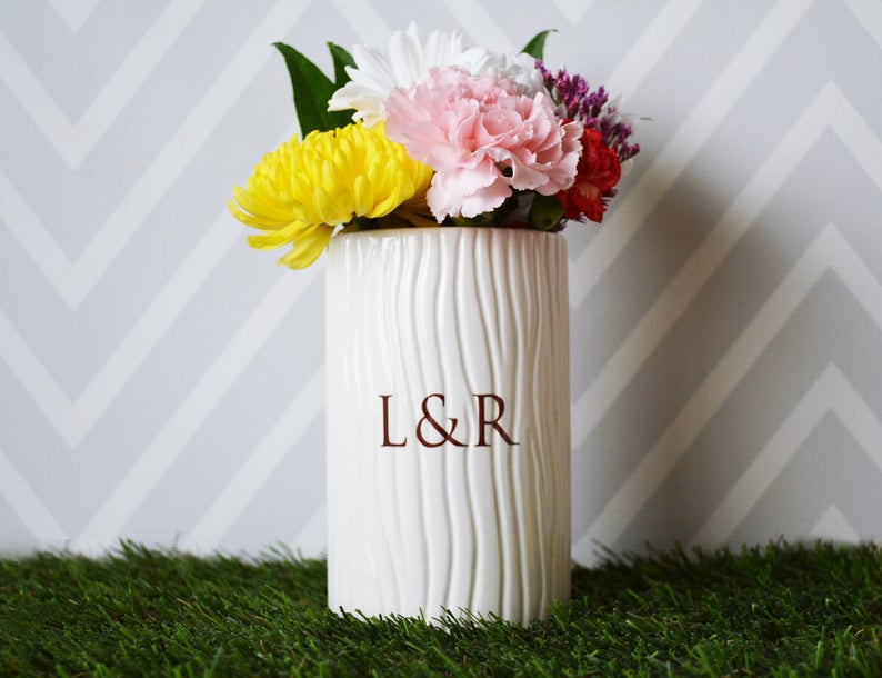 Anniversary Gift, Wedding Gift, Engagement Gift or Wedding Centerpiece -Tall Ceramic Wood Grain Vase -Personalized Modern & Rustic Vase