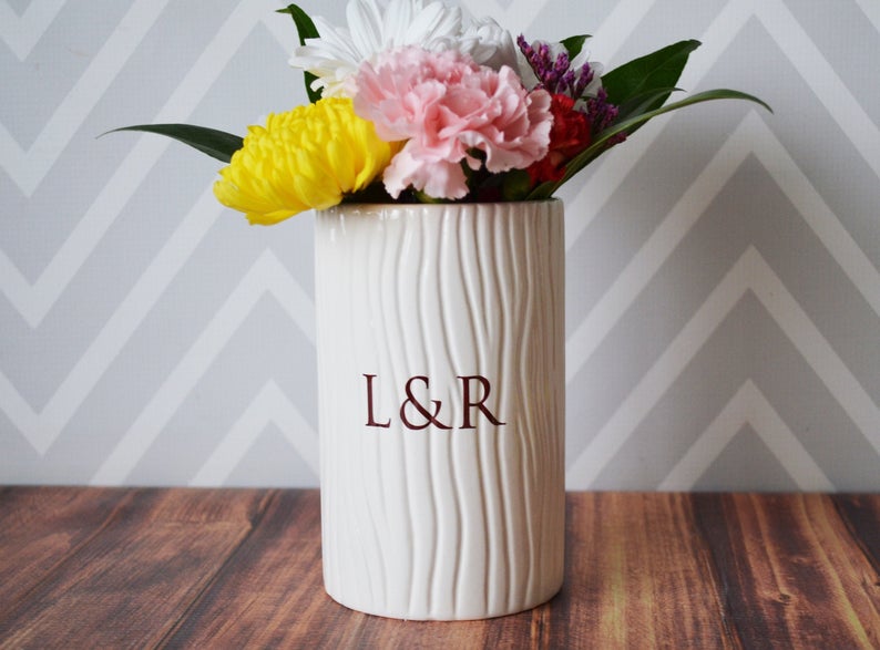Anniversary Gift, Wedding Gift, Engagement Gift or Wedding Centerpiece -Tall Ceramic Wood Grain Vase -Personalized Modern & Rustic Vase