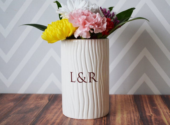 Anniversary Gift, Wedding Gift, Engagement Gift or Wedding Centerpiece -Tall Ceramic Wood Grain Vase -Personalized Modern & Rustic Vase
