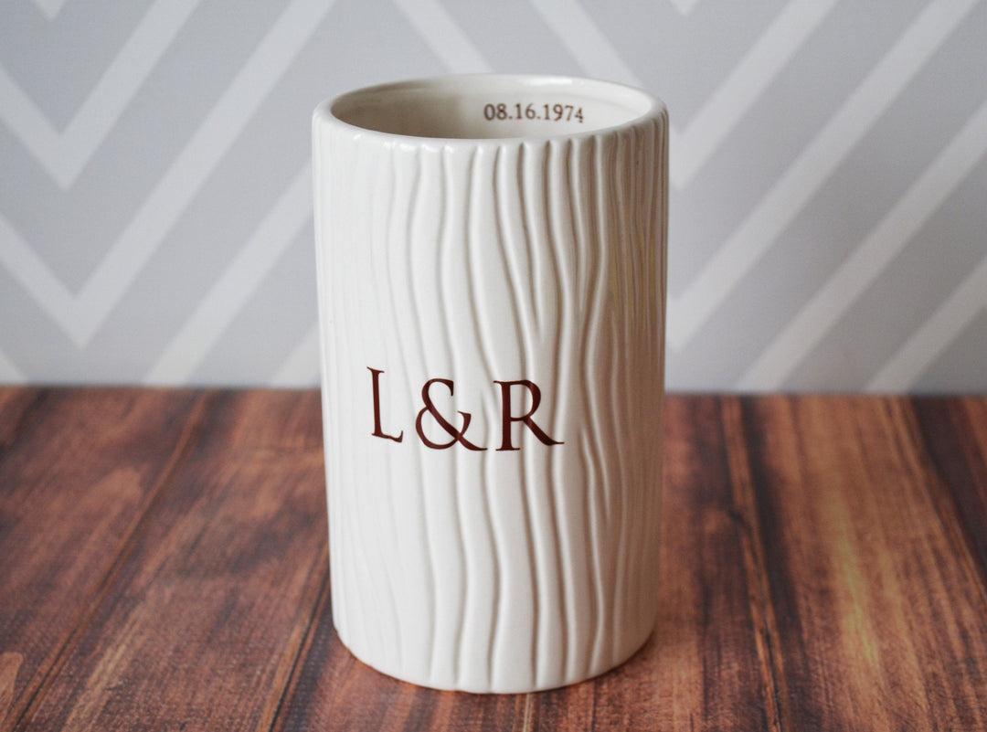 Anniversary Gift, Wedding Gift, Engagement Gift or Wedding Centerpiece -Tall Ceramic Wood Grain Vase -Personalized Modern & Rustic Vase