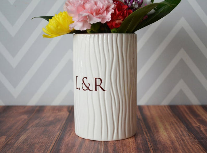 Anniversary Gift, Wedding Gift, Engagement Gift or Wedding Centerpiece -Tall Ceramic Wood Grain Vase -Personalized Modern & Rustic Vase