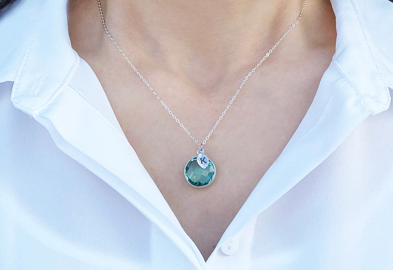 Aquamarine Necklace, March Birthstone Necklace, Round Personalized Necklace, Sterling Silver or 18K Gold, Bridesmaid Gift, Mom or Grandma Necklace