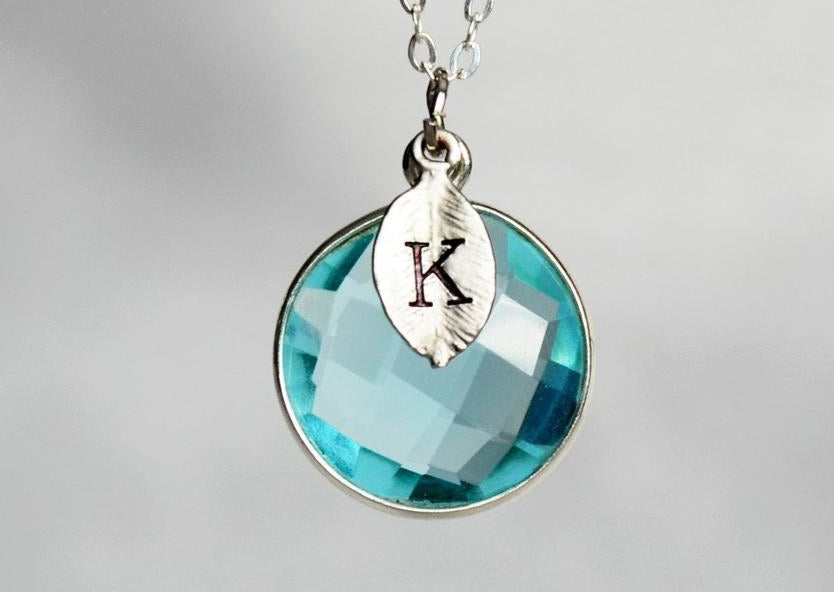 Aquamarine Necklace, March Birthstone Necklace, Round Personalized Necklace, Sterling Silver or 18K Gold, Bridesmaid Gift, Mom or Grandma Necklace