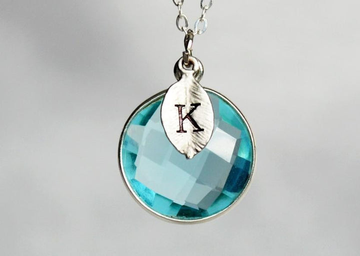 Aquamarine Necklace, March Birthstone Necklace, Round Personalized Necklace, Sterling Silver or 18K Gold, Bridesmaid Gift, Mom or Grandma Necklace