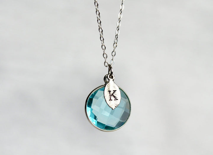 Aquamarine Necklace, March Birthstone Necklace, Round Personalized Necklace, Sterling Silver or 18K Gold, Bridesmaid Gift, Mom or Grandma Necklace