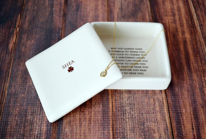 Baptism Gift, Confirmation Gift, First Communion Gift, Godchild Gift - Square Keepsake Box w/ Cross Necklace - with Irish Blessing