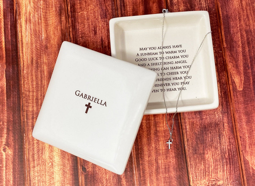 Baptism Gift with Irish Blessing, Confirmation Gift, First Communion Gift, Godchild Gift - Square Keepsake Box with Diamond Cross Necklace