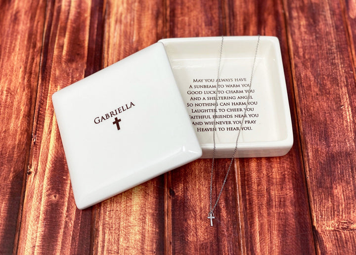 Baptism Gift with Irish Blessing, Confirmation Gift, First Communion Gift, Godchild Gift - Square Keepsake Box with Diamond Cross Necklace