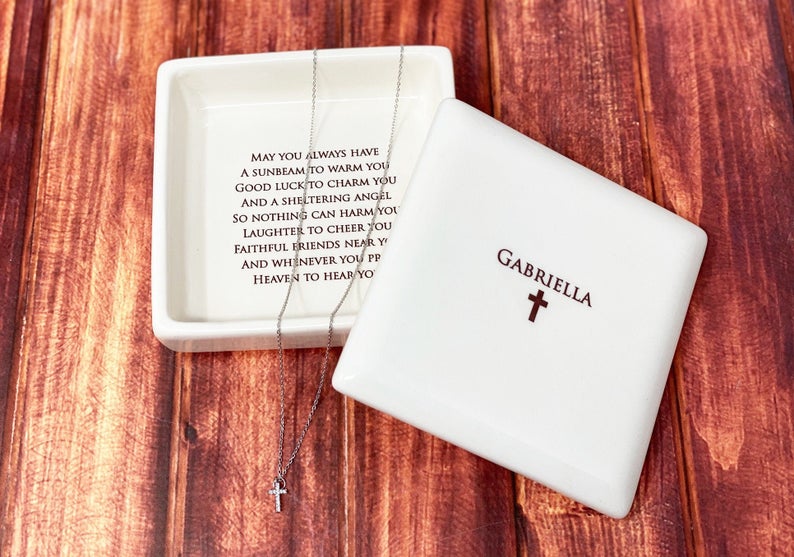 Baptism Gift with Irish Blessing, Confirmation Gift, First Communion Gift, Godchild Gift - Square Keepsake Box with Diamond Cross Necklace