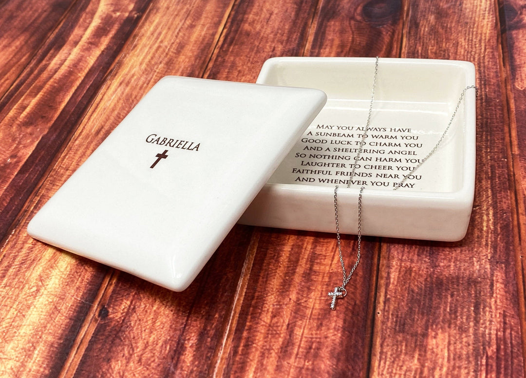 Baptism Gift with Irish Blessing, Confirmation Gift, First Communion Gift, Godchild Gift - Square Keepsake Box with Diamond Cross Necklace
