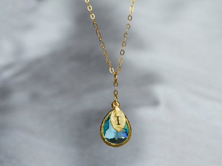 Aquamarine Birthstone Necklace, Bridesmaid Gift, Mom Birthstone Necklace, Stamped Initial Necklace, Mom Gift, Aunt Necklace, Grandma Necklace