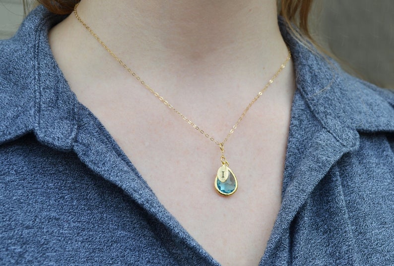 Aquamarine Birthstone Necklace, Bridesmaid Gift, Mom Birthstone Necklace, Stamped Initial Necklace, Mom Gift, Aunt Necklace, Grandma Necklace