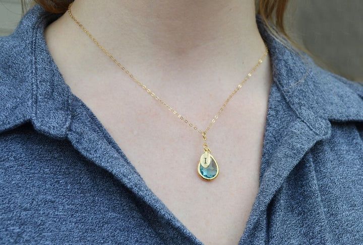 Aquamarine Birthstone Necklace, Bridesmaid Gift, Mom Birthstone Necklace, Stamped Initial Necklace, Mom Gift, Aunt Necklace, Grandma Necklace
