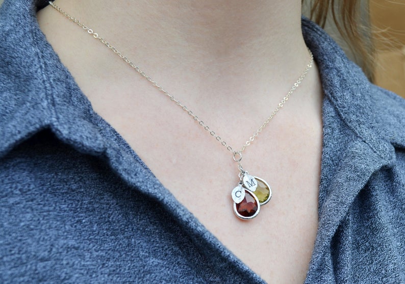 Aquamarine Birthstone Necklace, Bridesmaid Gift, Mom Birthstone Necklace, Stamped Initial Necklace, Mom Gift, Aunt Necklace, Grandma Necklace