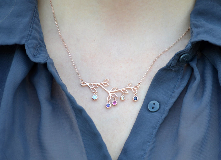 Rose Gold Birthstone Necklace, Family Tree Necklace, Branch Necklace, Initial Necklace