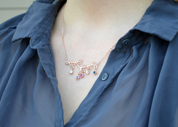Rose Gold Birthstone Necklace, Family Tree Necklace, Branch Necklace, Initial Necklace
