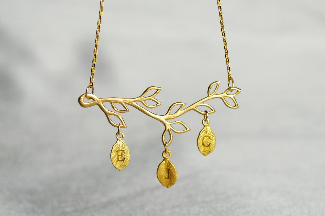 Rose Gold Birthstone Necklace, Family Tree Necklace, Branch Necklace, Initial Necklace