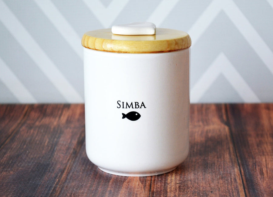 urn for your pet cat with custom name and a fish graphic