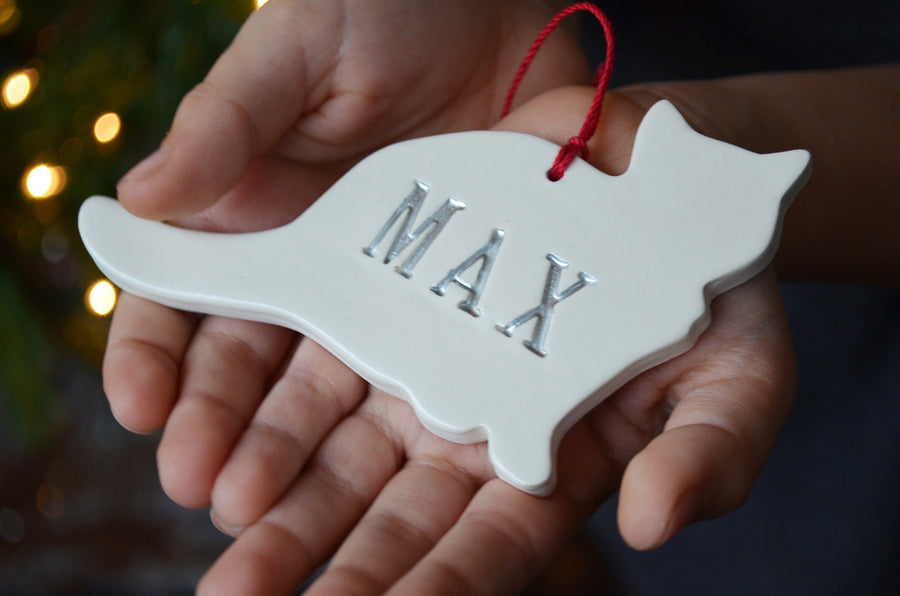 cat Christmas ornament with custom name in Silver paint