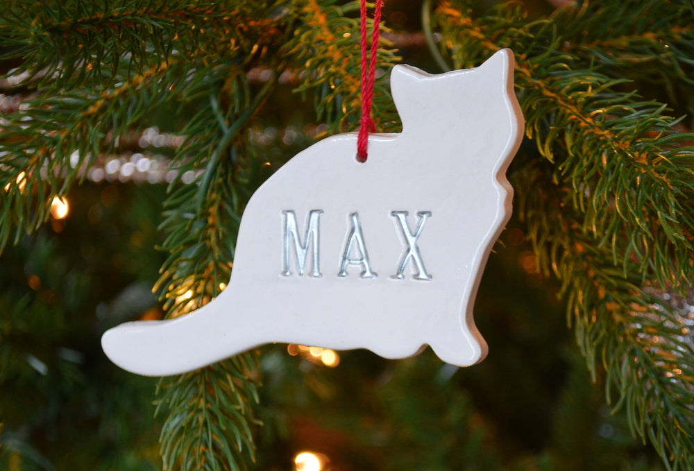 cat shaped holiday ornament personalized with pet name