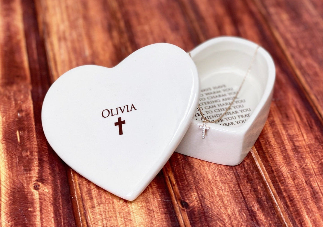 Confirmation Gift, Irish Blessing Baptism Gift, First Communion Gift, Godchild Gift, Heart Keepsake Box with Diamond Cross Necklace