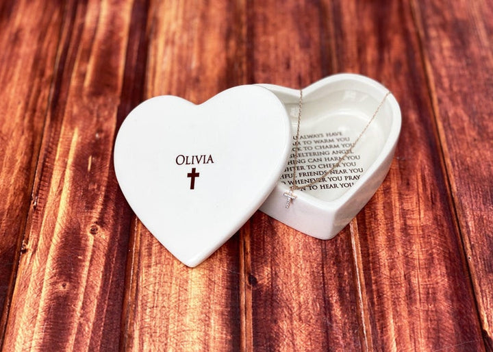 Confirmation Gift, Irish Blessing Baptism Gift, First Communion Gift, Godchild Gift, Heart Keepsake Box with Diamond Cross Necklace