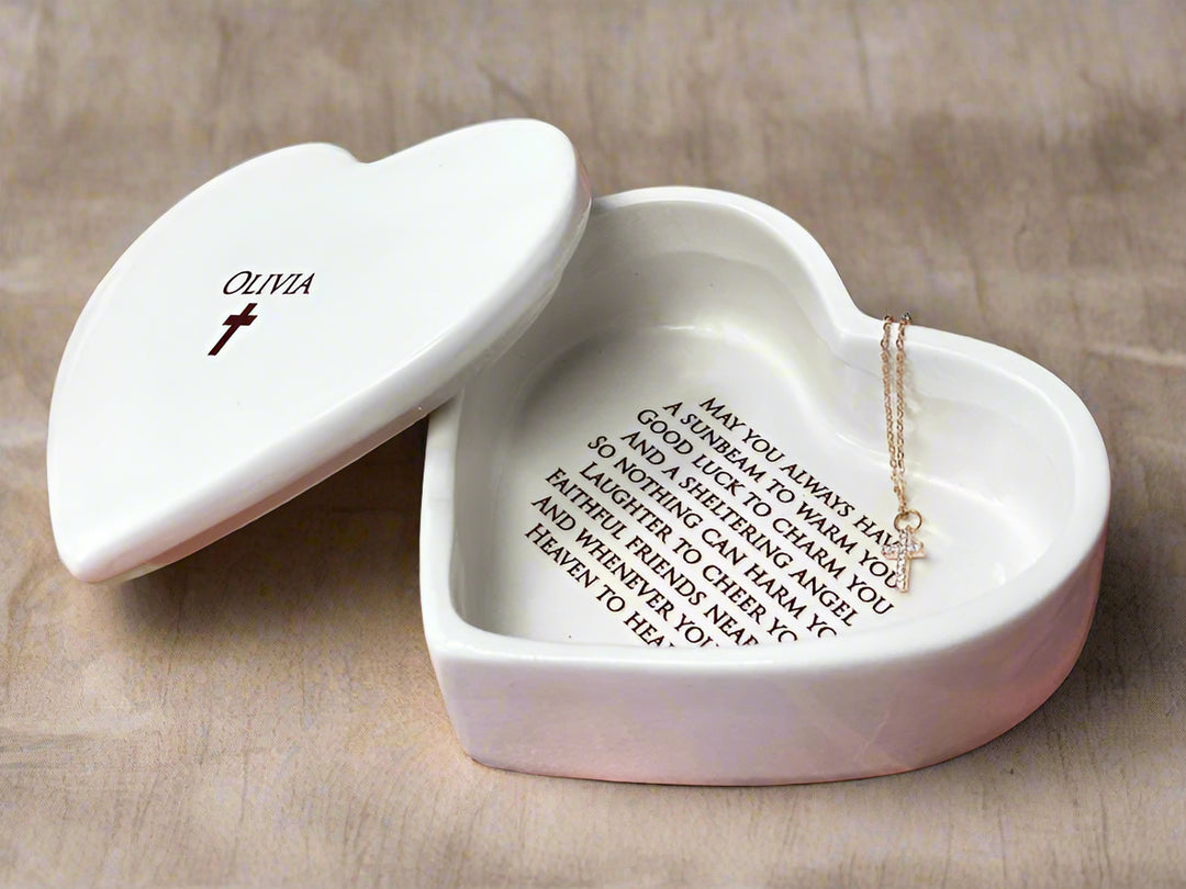 Confirmation Gift, Irish Blessing Baptism Gift, First Communion Gift, Godchild Gift, Heart Keepsake Box with Diamond Cross Necklace