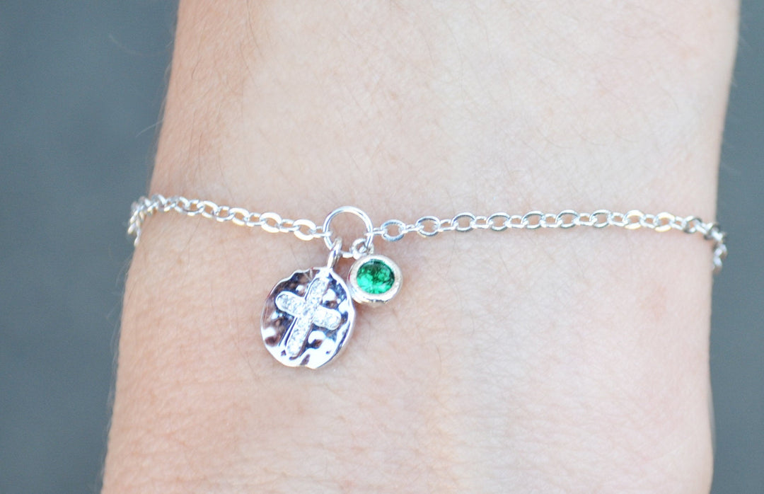 Cross Bracelet, Baptism Gift, First Communion Gift, Confirmation Gift, Goddaughter Gift, Birthstone Bracelet - Godparent or Godchild Gift