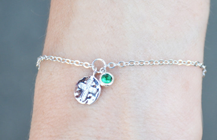 Cross Bracelet, Baptism Gift, First Communion Gift, Confirmation Gift, Goddaughter Gift, Birthstone Bracelet - Godparent or Godchild Gift