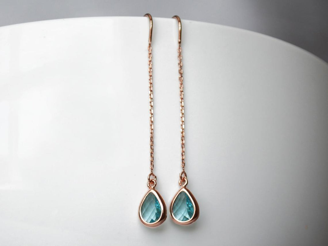Dainty Aquamarine Birthstone earrings, Threader March Birthstone earrings, Bridesmaid earrings, Threader Tear Drop Earrings, March Birthday Gift
