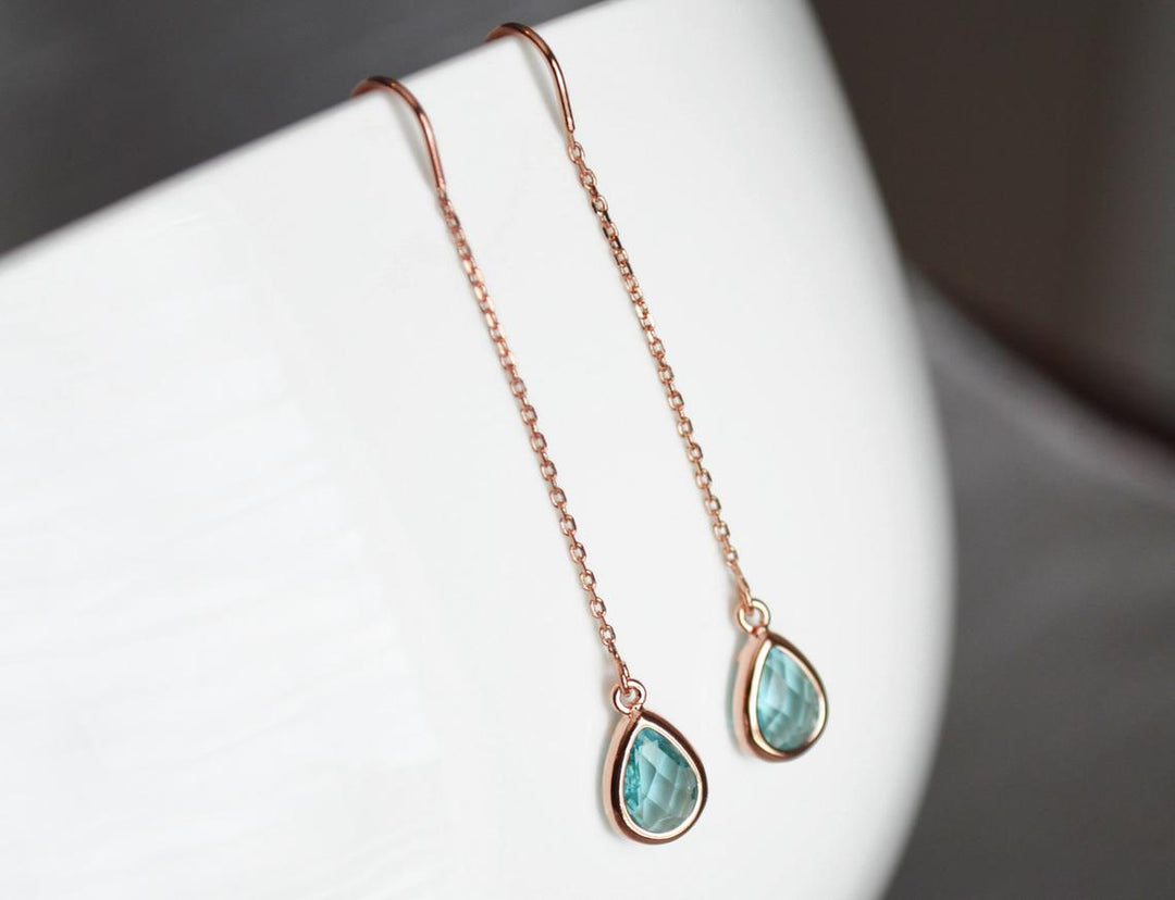Dainty Aquamarine Birthstone earrings, Threader March Birthstone earrings, Bridesmaid earrings, Threader Tear Drop Earrings, March Birthday Gift