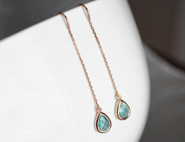 Dainty Aquamarine Birthstone earrings, Threader March Birthstone earrings, Bridesmaid earrings, Threader Tear Drop Earrings, March Birthday Gift