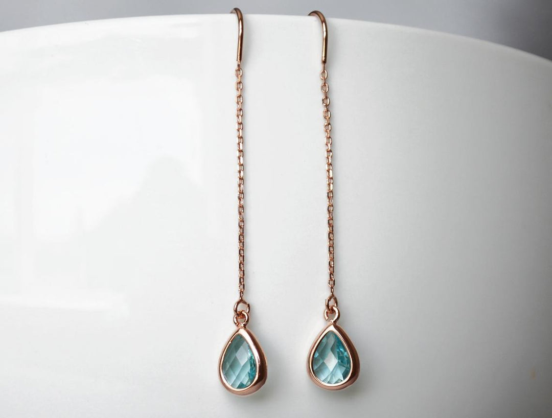 Dainty Aquamarine Birthstone earrings, Threader March Birthstone earrings, Bridesmaid earrings, Threader Tear Drop Earrings, March Birthday Gift