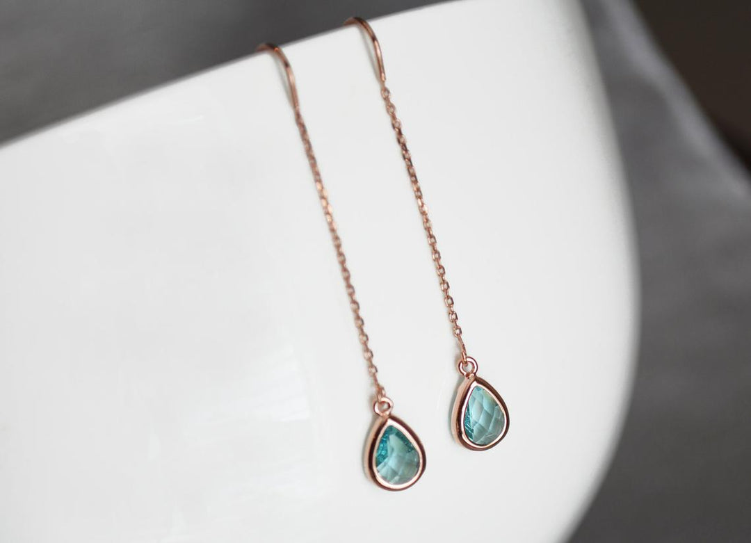 Dainty Aquamarine Birthstone earrings, Threader March Birthstone earrings, Bridesmaid earrings, Threader Tear Drop Earrings, March Birthday Gift