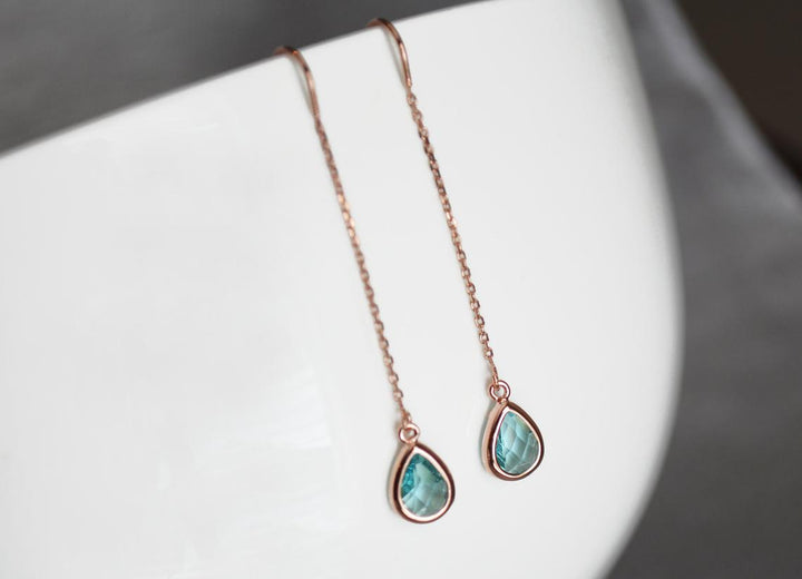 Dainty Aquamarine Birthstone earrings, Threader March Birthstone earrings, Bridesmaid earrings, Threader Tear Drop Earrings, March Birthday Gift