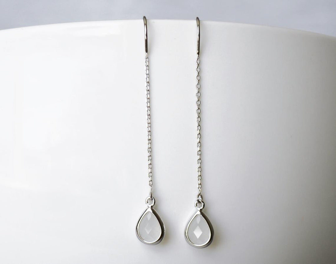 Dainty June Birthstone earrings, Moonstone Drop earrings, Bridesmaid earrings, Threader Tear Drop Earrings, June Birthday Gift