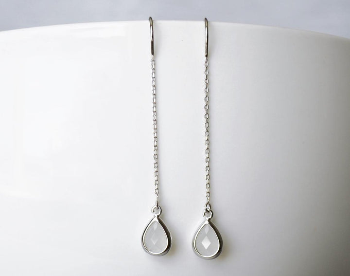 Dainty June Birthstone earrings, Moonstone Drop earrings, Bridesmaid earrings, Threader Tear Drop Earrings, June Birthday Gift