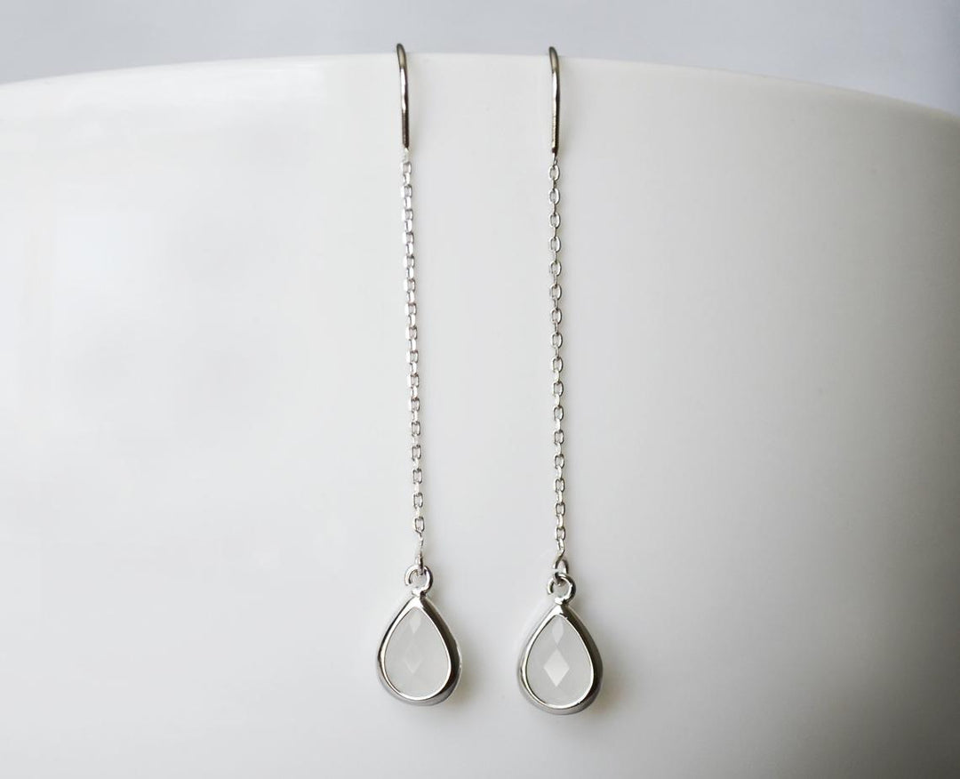 Dainty June Birthstone earrings, Moonstone Drop earrings, Bridesmaid earrings, Threader Tear Drop Earrings, June Birthday Gift