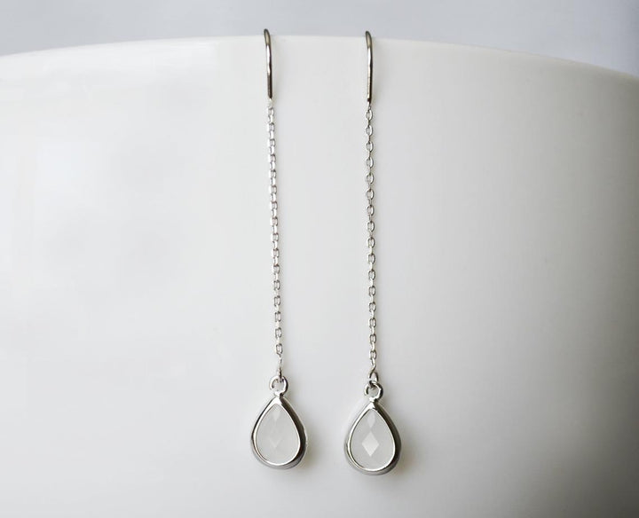 Dainty June Birthstone earrings, Moonstone Drop earrings, Bridesmaid earrings, Threader Tear Drop Earrings, June Birthday Gift