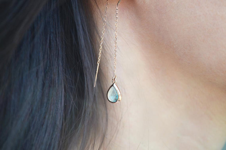 Dainty June Birthstone earrings, Moonstone Drop earrings, Bridesmaid earrings, Threader Tear Drop Earrings, June Birthday Gift