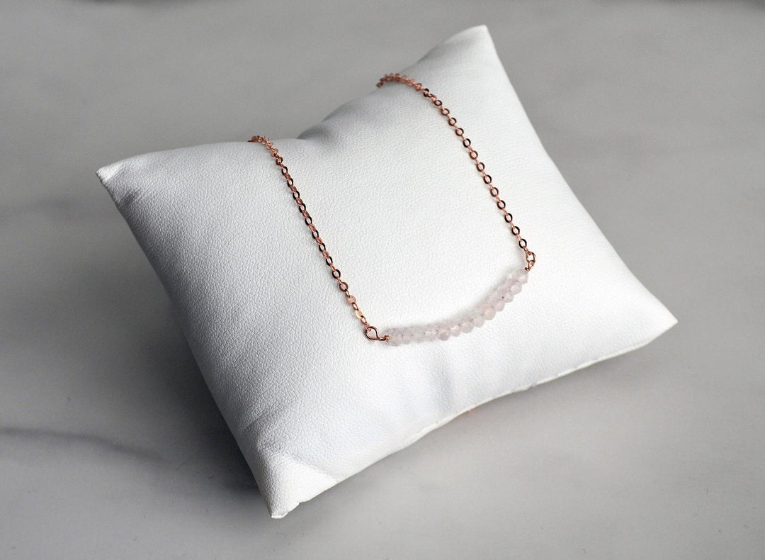 Dainty Rose Quartz Necklace, Beaded Bar Necklace, October Birthstone Necklace, Bridesmaid Gift, Mom Necklace, October Birthday Gift for Her