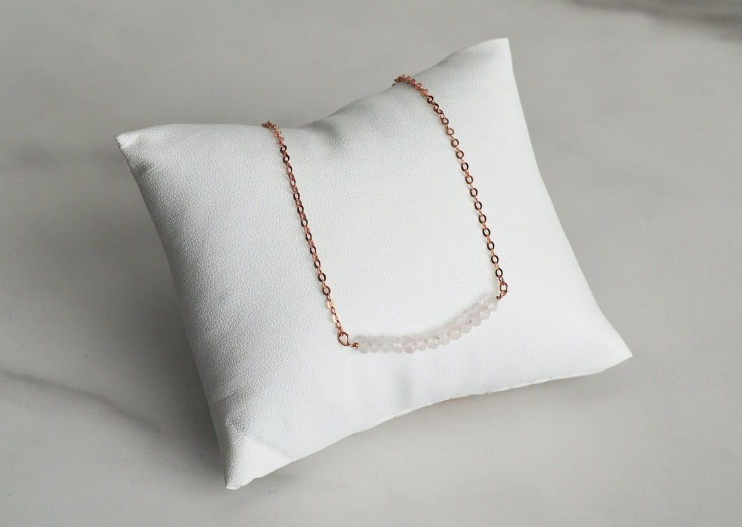 Dainty Rose Quartz Necklace, Beaded Bar Necklace, October Birthstone Necklace, Bridesmaid Gift, Mom Necklace, October Birthday Gift for Her