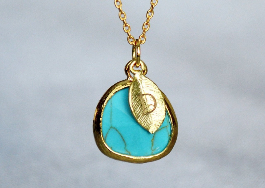 December Birthstone Necklace - Turquoise Birthstone Necklace, Custom Initial Necklace