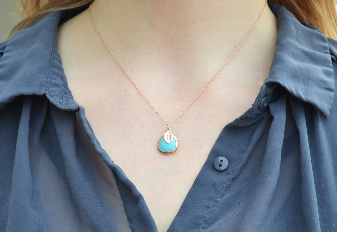 December Birthstone Necklace - Turquoise Birthstone Necklace, Custom Initial Necklace