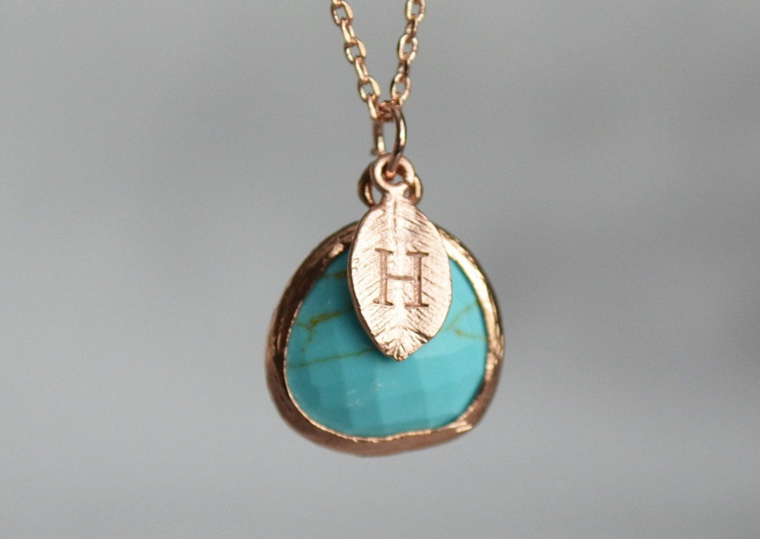 December Birthstone Necklace - Turquoise Birthstone Necklace, Custom Initial Necklace