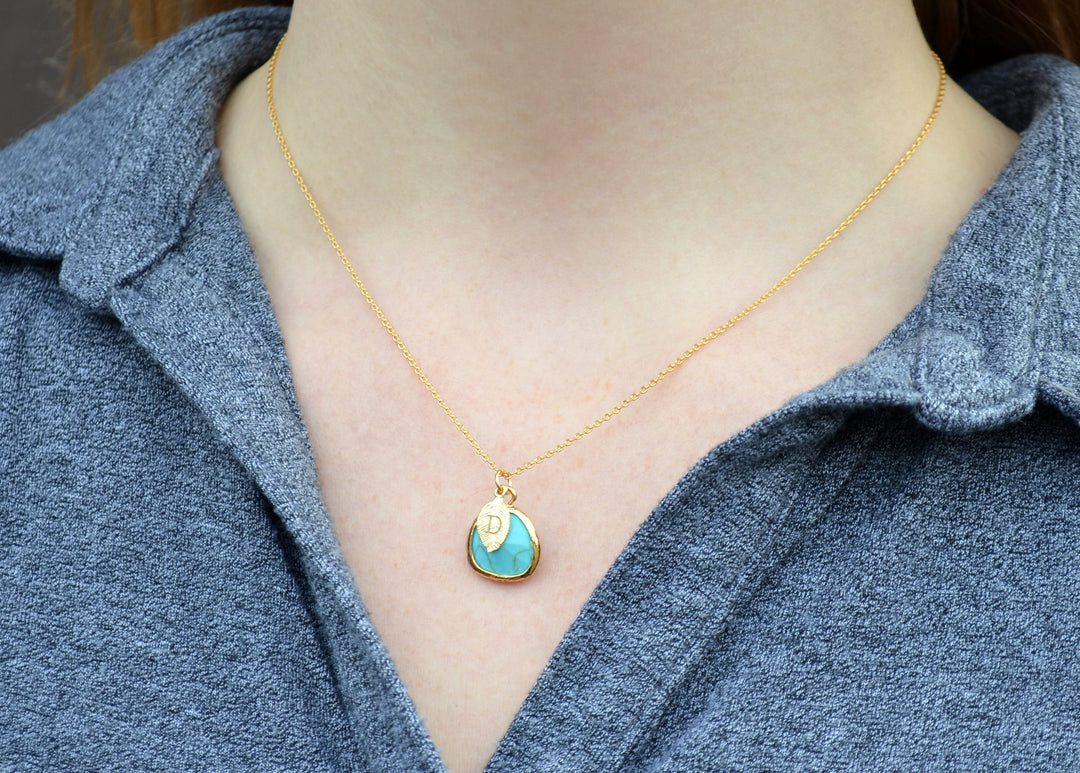 December Birthstone Necklace - Turquoise Birthstone Necklace, Custom Initial Necklace