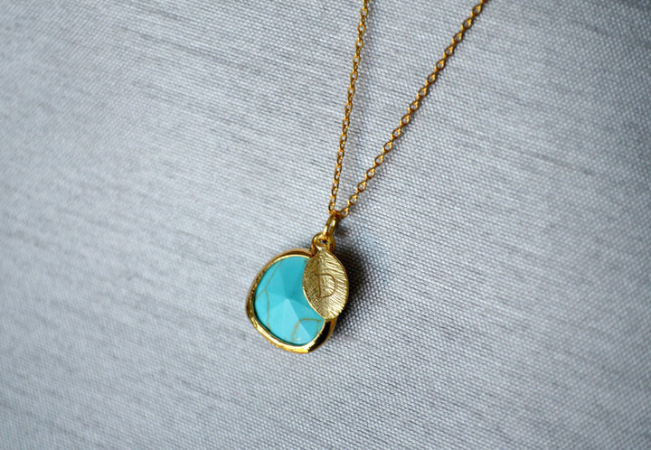 December Birthstone Necklace - Turquoise Birthstone Necklace, Custom Initial Necklace
